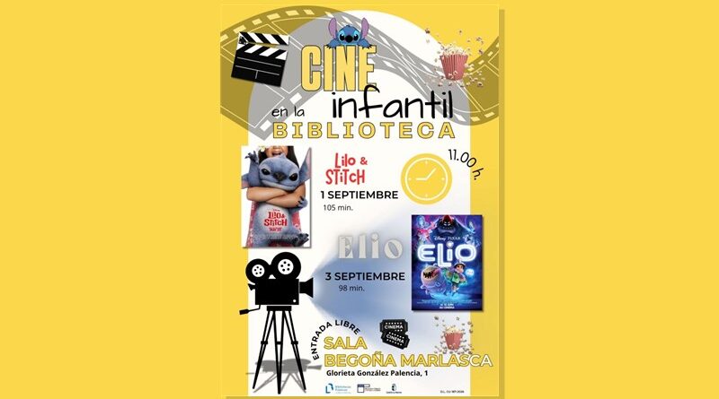 Cartel del cine infantil en la Biblioteca Pública del Estado en Cuenca: Lilo & Stitch el 1 de septiembre y Elio el 3, a las 11:00 h en la Sala Begoña Marlasca