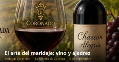 Copa de vino de Bodegas Coronado junto a la botella Charcon Alegria y racimos de uva