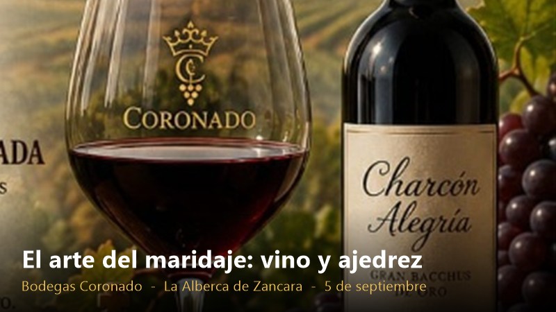 maridaje-vino-ajedrez-coronado-p Copa de vino de Bodegas Coronado junto a la botella Charcon Alegria y racimos de uva