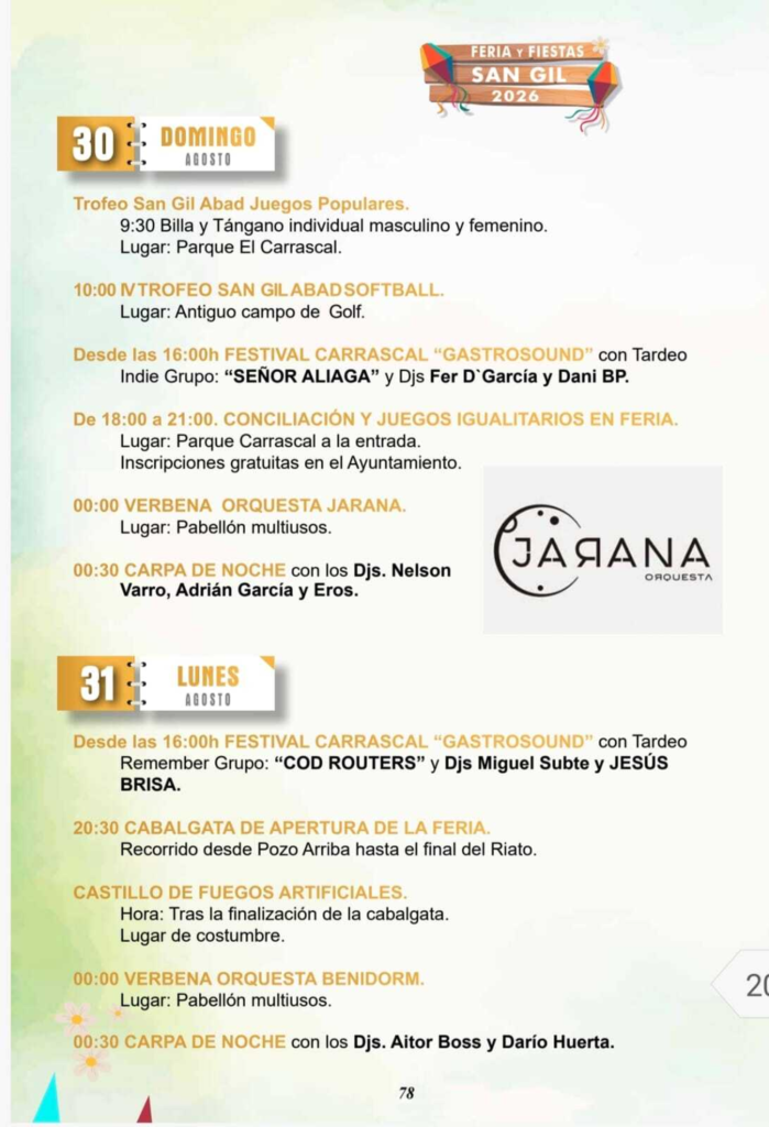 Programa Feria y Fiestas San Gil Abad 2026 Motilla del Palancar, 30 y 31 de agosto