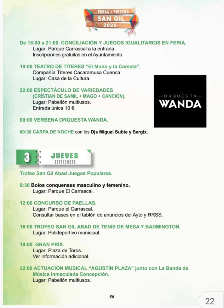 Programa Feria y Fiestas San Gil Abad 2026 Motilla del Palancar, 2 y 3 de septiembre
