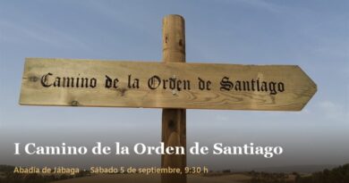 El I Camino de la Orden de Santiago sale el 5 de septiembre desde la Abadía de Jábaga Señal de madera del Camino de la Orden de Santiago en el campo de Cuenca