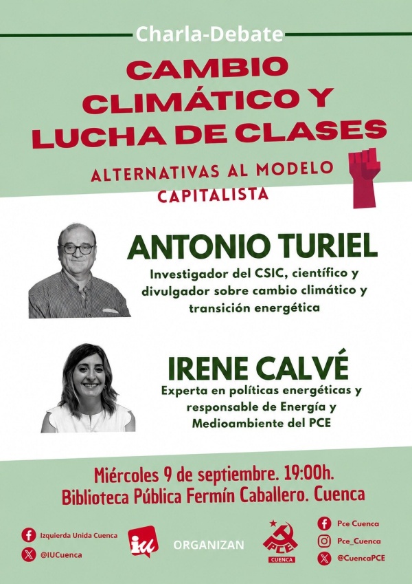 Cartel de la charla-debate Cambio climático y lucha de clases con Antonio Turiel e Irene Calvé