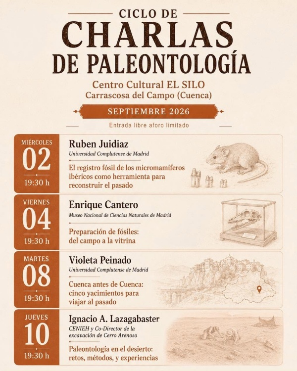 Cartel del Ciclo de Charlas de Paleontología de Carrascosa del Campo 2026