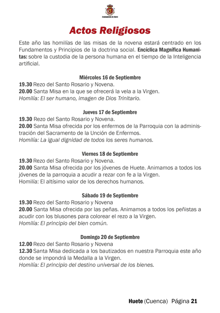Programa de las Fiestas de la Virgen de la Merced 2026 de Huete: actos religiosos, novena del 16 al 20 de septiembre
