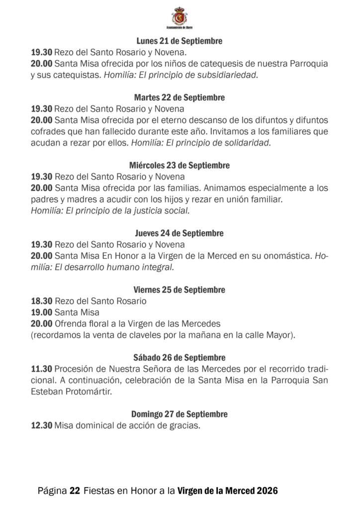 Programa de las Fiestas de la Virgen de la Merced 2026 de Huete: actos religiosos, novena del 21 al 27 de septiembre