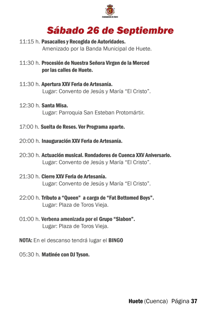Programa de las Fiestas de la Merced 2026 de Huete: sábado 26 de septiembre