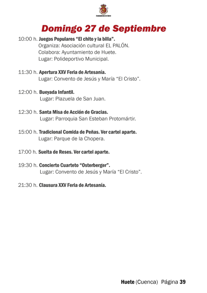 Programa de las Fiestas de la Merced 2026 de Huete: domingo 27 de septiembre