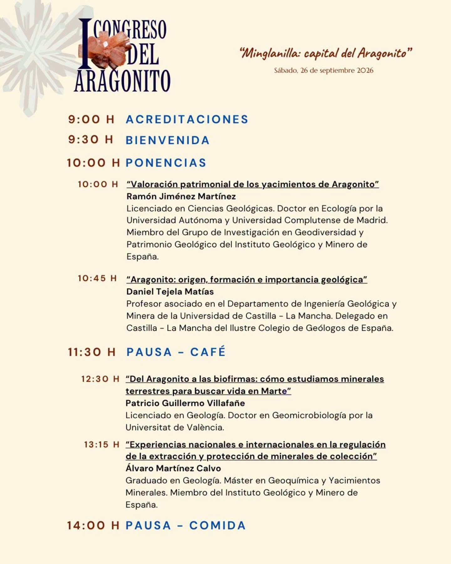 Programa de mañana del I Congreso del Aragonito de Minglanilla