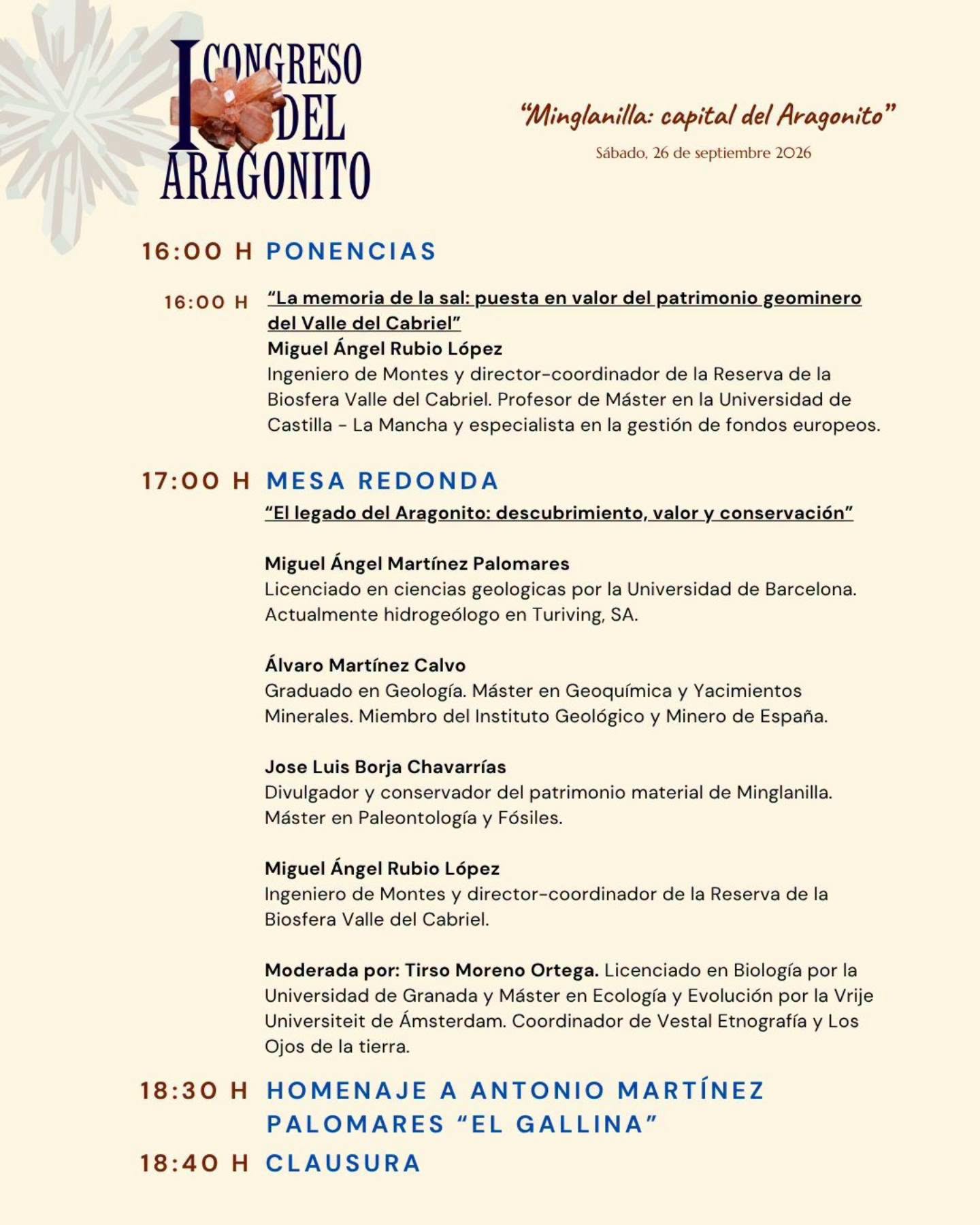 Programa de tarde del I Congreso del Aragonito de Minglanilla