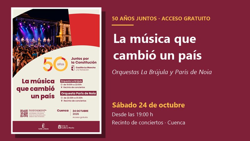 Cartel del concierto de «50 años juntos» en Cuenca con las orquestas La Brújula y París de Noia
