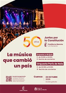 Cartel del concierto de «50 años juntos» en Cuenca con las orquestas La Brújula y París de Noia