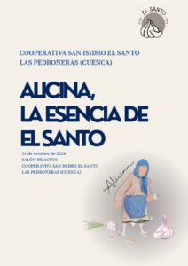 Cartel de la jornada «Alicina, la Esencia de El Santo», con la ilustración de una mujer rural con ajos