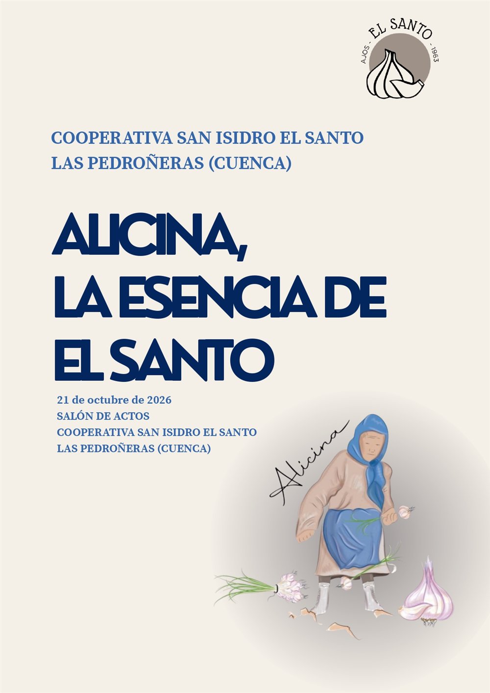 Cartel de la jornada «Alicina, la Esencia de El Santo», con la ilustración de una mujer rural con ajos