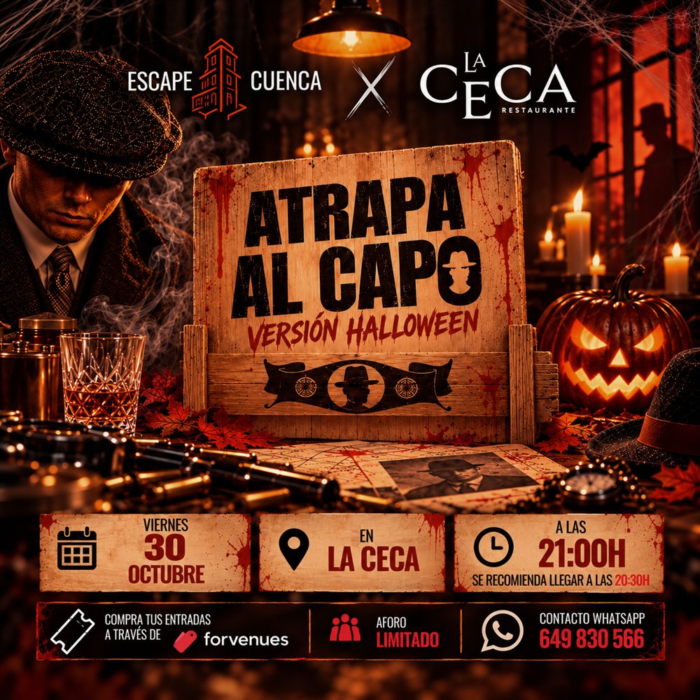 Cartel de «Atrapa al Capo – Versión Halloween», de Escape Cuenca y La Ceca, el viernes 30 de octubre a las 21:00 h