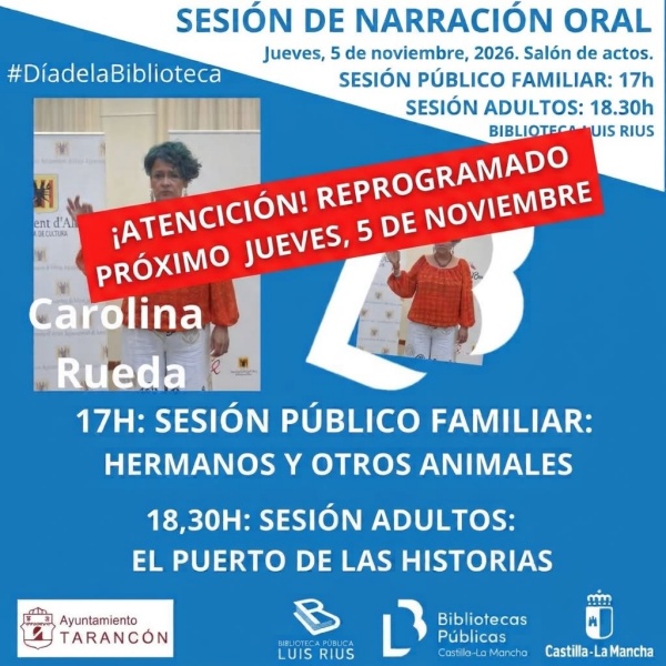 Cartel de la narración oral de Carolina Rueda en la Biblioteca Luis Rius de Tarancón, reprogramada al 5 de noviembre