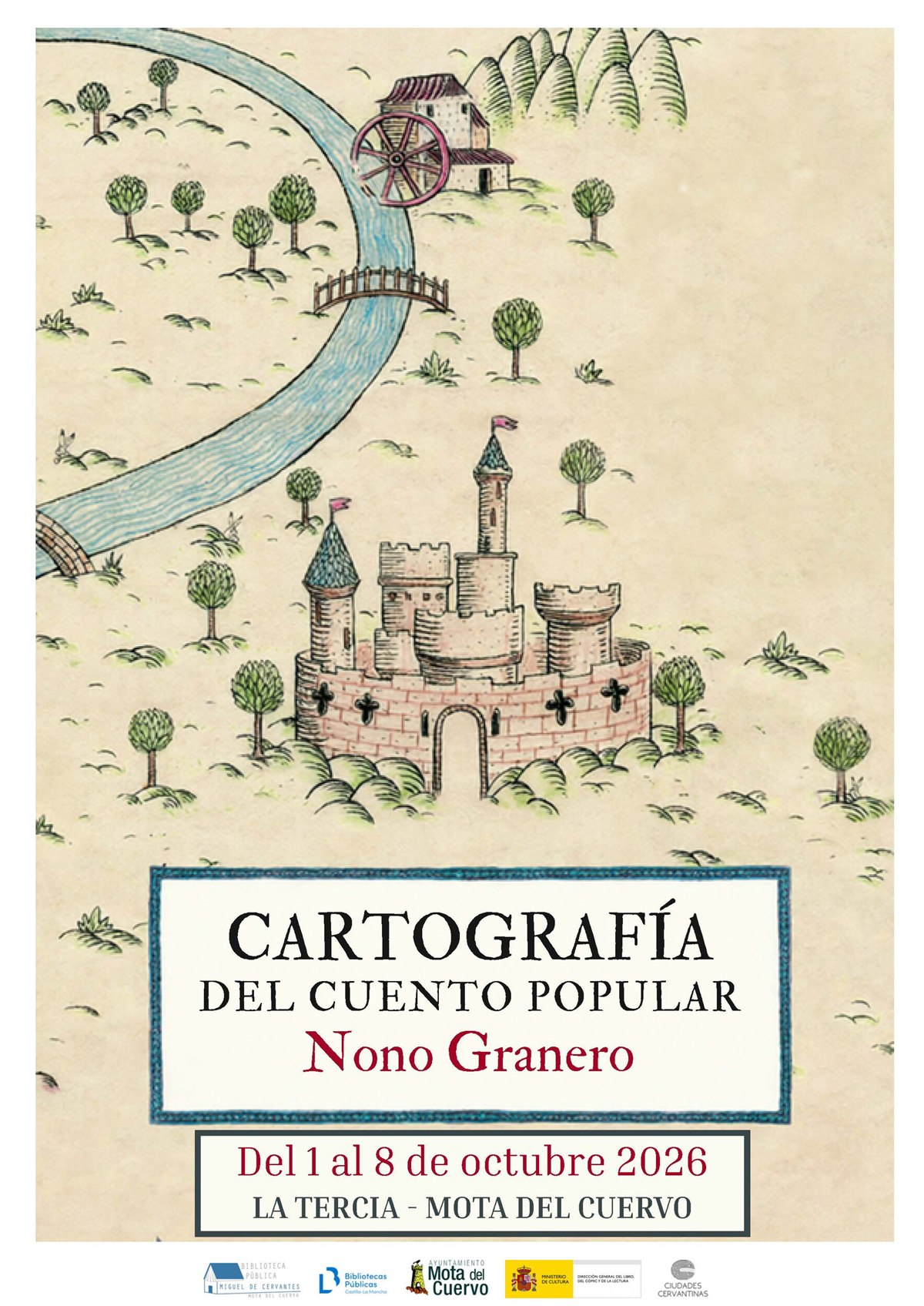 Cartel de la exposición Cartografía del Cuento Popular, de Nono Granero, en La Tercia de Mota del Cuervo