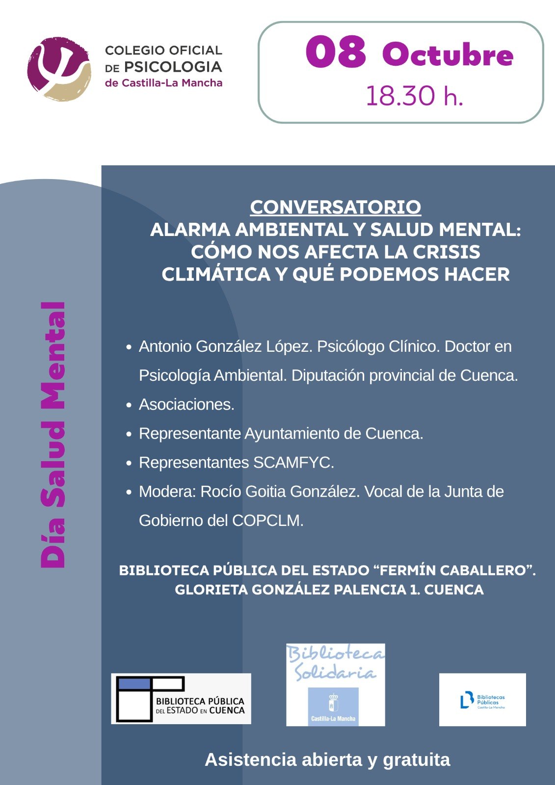 Cartel del conversatorio Alarma ambiental y salud mental en la Biblioteca Pública de Cuenca