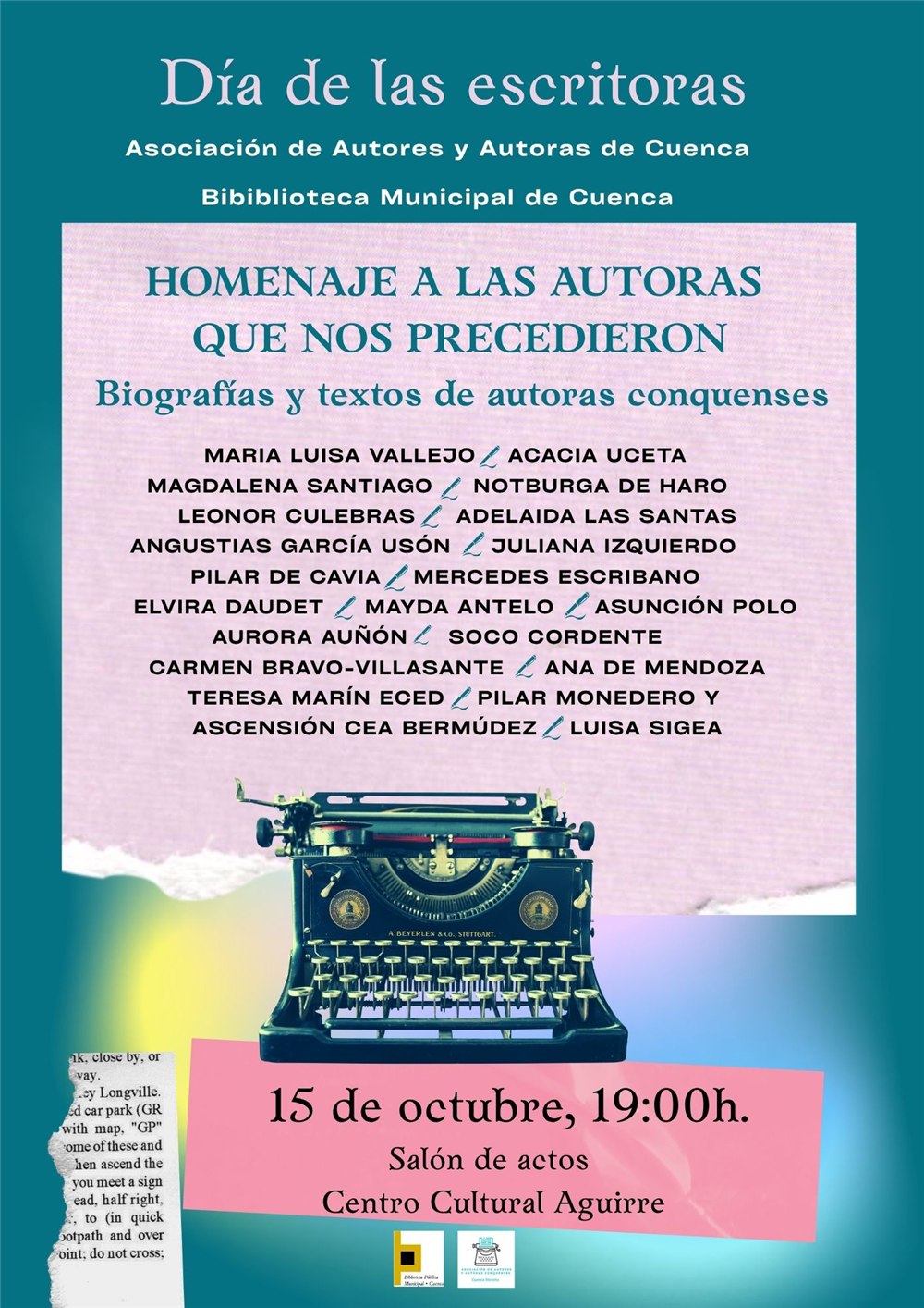 Cartel del Día de las Escritoras en Cuenca: homenaje a las autoras que nos precedieron, el 15 de octubre de 2026 en el Centro Cultural Aguirre