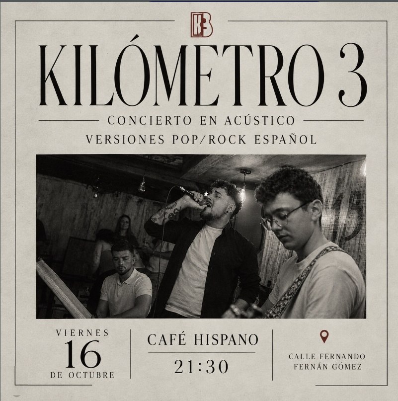 Cartel del concierto en acústico de Kilómetro 3 en el Café Hispano de Cuenca, el viernes 16 de octubre de 2026 a las 21:30 h