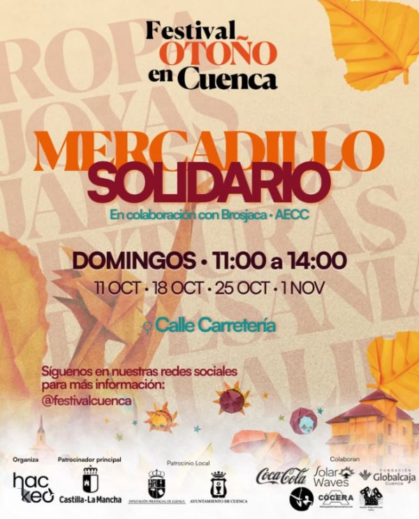 Cartel del Mercadillo Solidario del Festival Otoño en Cuenca 2026, en colaboración con Brosjaca y la AECC