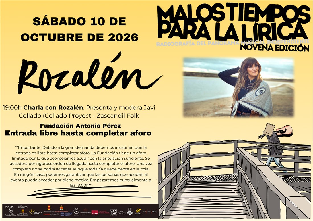 Cartel de la charla con Rozalén en «Malos Tiempos para la Lírica», el 10 de octubre de 2026 en la Fundación Antonio Pérez
