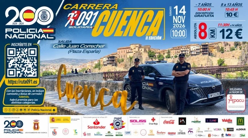 Cartel de la II Carrera Solidaria Ruta 091 de la Policía Nacional en Cuenca, sábado 14 de noviembre de 2026