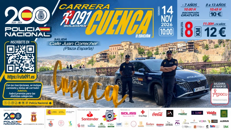 Cartel de la II Carrera Solidaria Ruta 091 de la Policía Nacional en Cuenca, sábado 14 de noviembre de 2026
