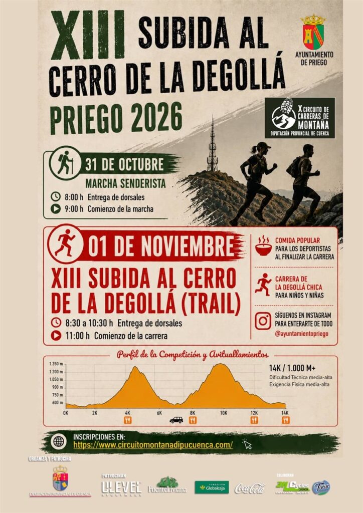 Cartel de la XIII Subida al Cerro de la Degollá, Priego 2026: marcha senderista el 31 de octubre y trail de 14 km el 1 de noviembre
