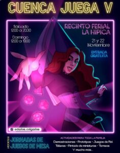 Cartel de Cuenca Juega V: jornadas de juegos de mesa de Dados Colgados, 21 y 22 de noviembre en La Hípica, entrada gratuita