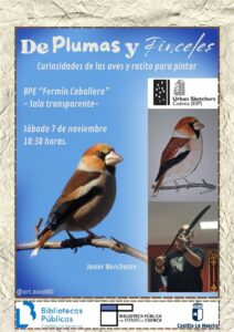 Cartel de «De plumas y pinceles», con Javier Merchante, el sábado 7 de noviembre a las 10:30 en la Biblioteca Fermín Caballero de Cuenca