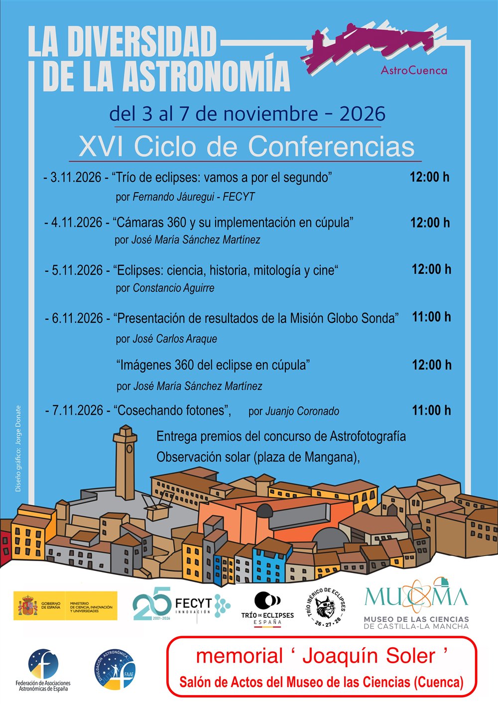 Cartel del XVI Ciclo de conferencias «La diversidad de la astronomía», del 3 al 7 de noviembre de 2026 en el Museo de las Ciencias de Castilla-La Mancha, memorial Joaquín Soler