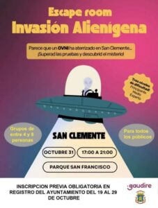 Cartel del escape room «Invasión Alienígena» en San Clemente, el 31 de octubre de 17:00 a 21:00 en el Parque San Francisco