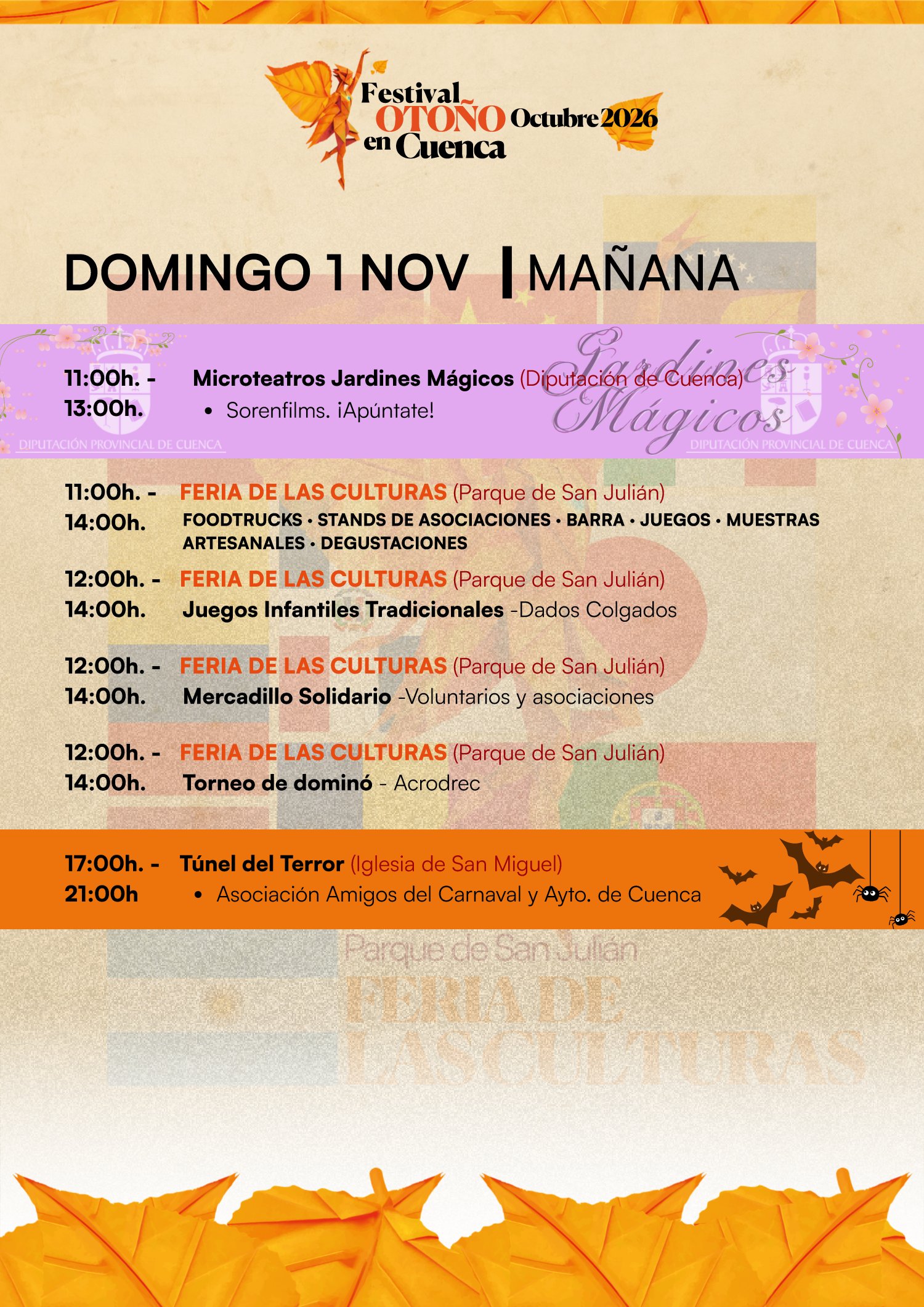 Programa del Festival Otoño en Cuenca 2026, domingo 1 de noviembre: microteatros, Feria de las Culturas, juegos tradicionales, mercadillo solidario y Túnel del Terror