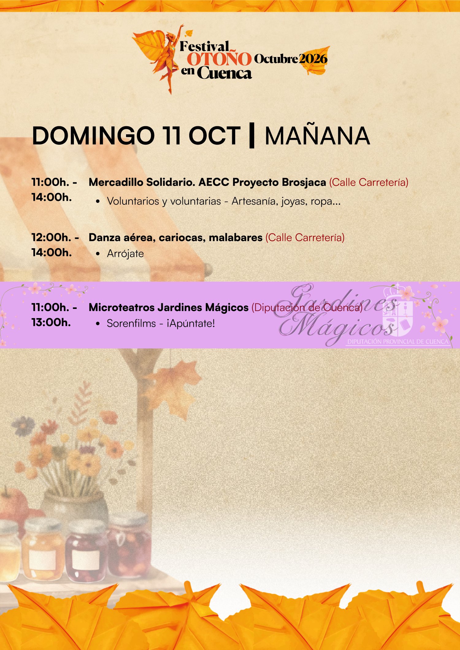 Programa del Festival Otoño en Cuenca 2026, domingo 11 de octubre: mercadillo solidario, danza aérea y microteatros