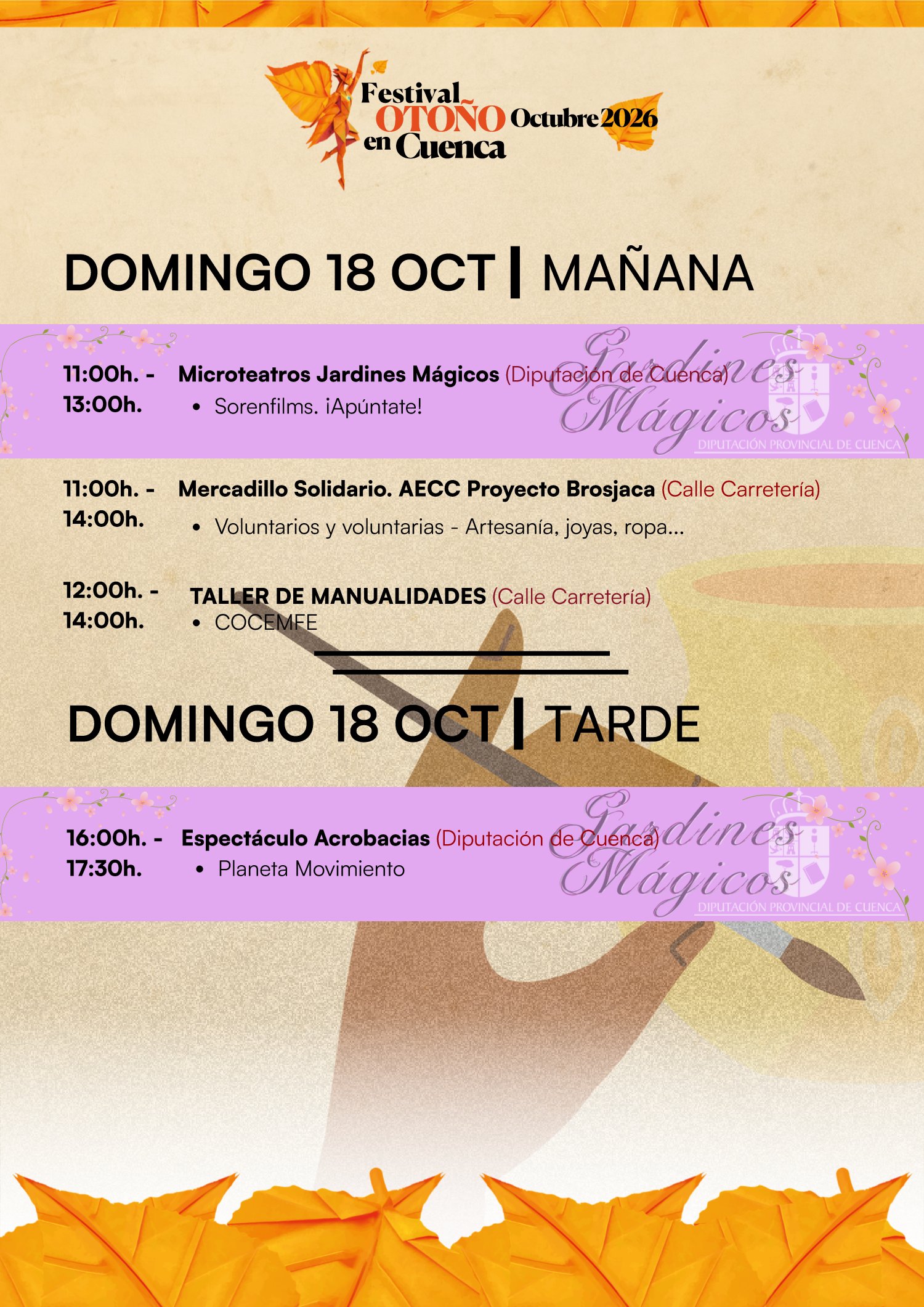 Programa del Festival Otoño en Cuenca 2026, domingo 18 de octubre: microteatros, mercadillo solidario, taller de manualidades y acrobacias