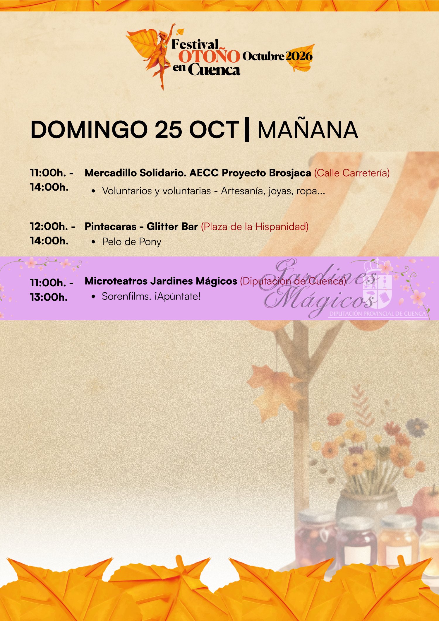 Programa del Festival Otoño en Cuenca 2026, domingo 25 de octubre: mercadillo solidario, pintacaras y microteatros
