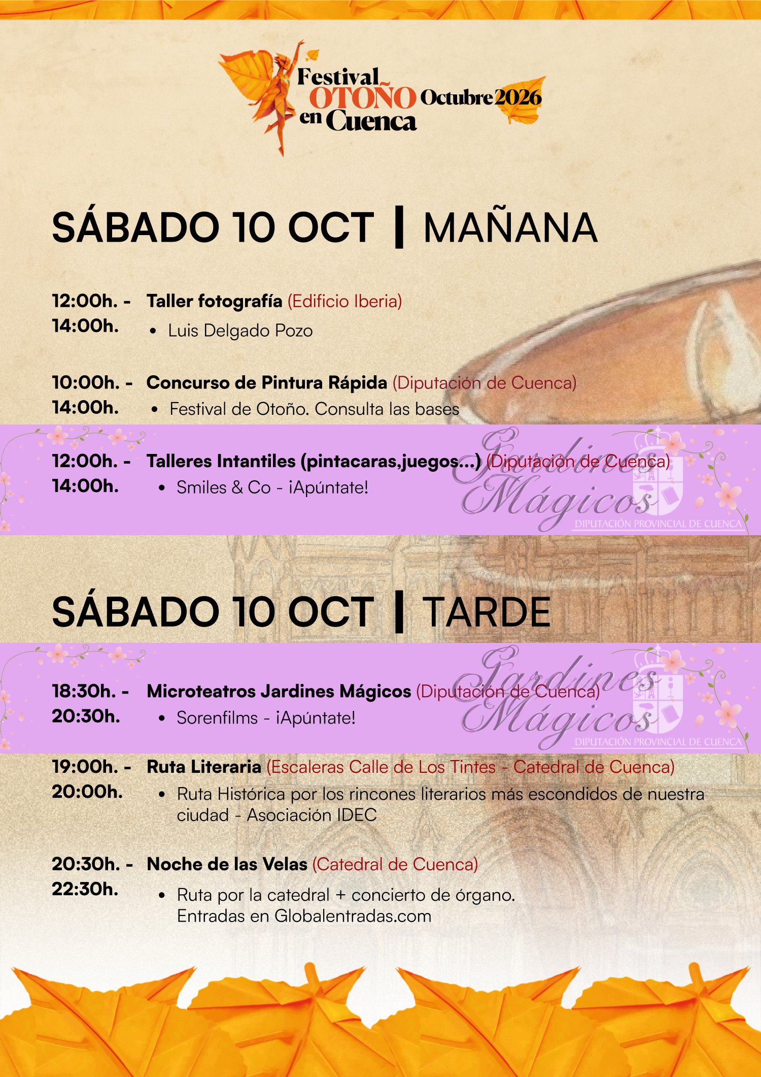 Programa del Festival Otoño en Cuenca 2026, sábado 10 de octubre: pintura rápida, taller de fotografía, microteatros, ruta literaria y Noche de las Velas