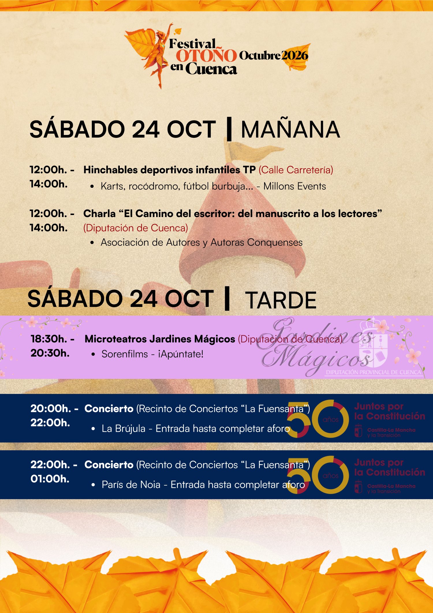 Programa del Festival Otoño en Cuenca 2026, sábado 24 de octubre: hinchables deportivos, charla literaria, microteatros y conciertos de La Brújula y París de Noia