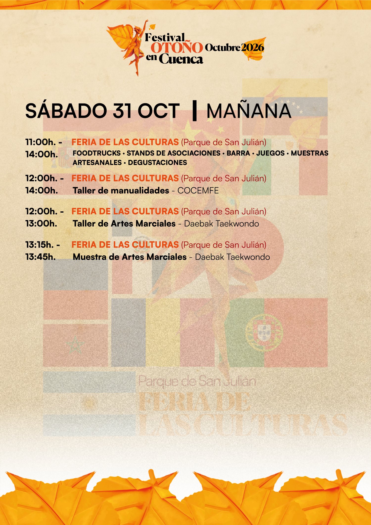 Programa del Festival Otoño en Cuenca 2026, sábado 31 de octubre: Feria de las Culturas, talleres, conciertos, Túnel del Terror y espectáculo de fuego