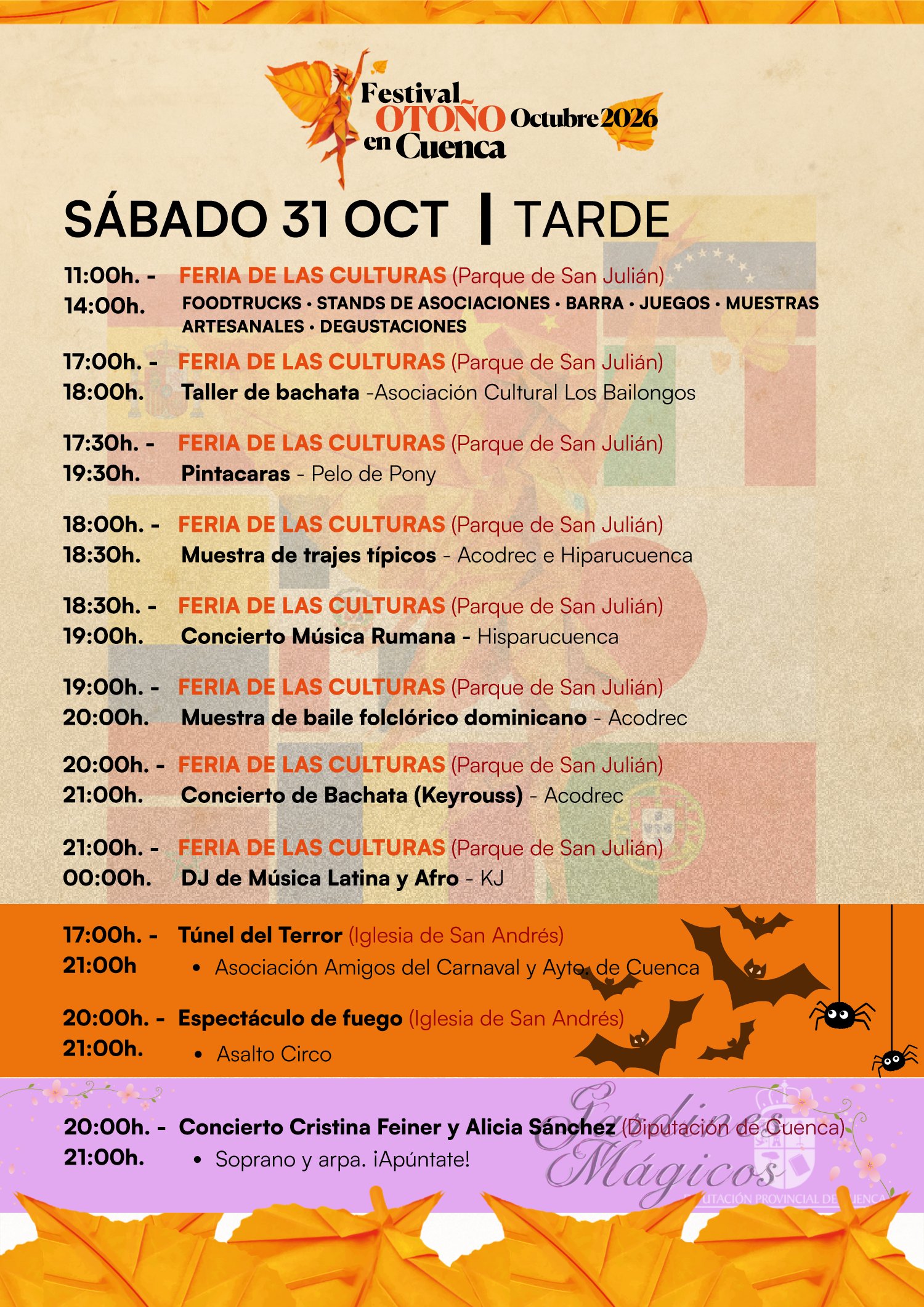Programa del Festival Otoño en Cuenca 2026, sábado 31 de octubre: Feria de las Culturas, talleres, conciertos, Túnel del Terror y espectáculo de fuego