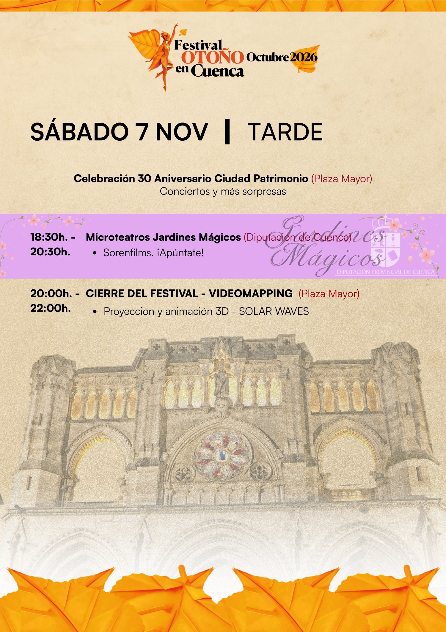 Programa del Festival Otoño en Cuenca 2026, sábado 7 de noviembre: 30 aniversario de Ciudad Patrimonio, microteatros y videomapping de cierre en la Plaza Mayor