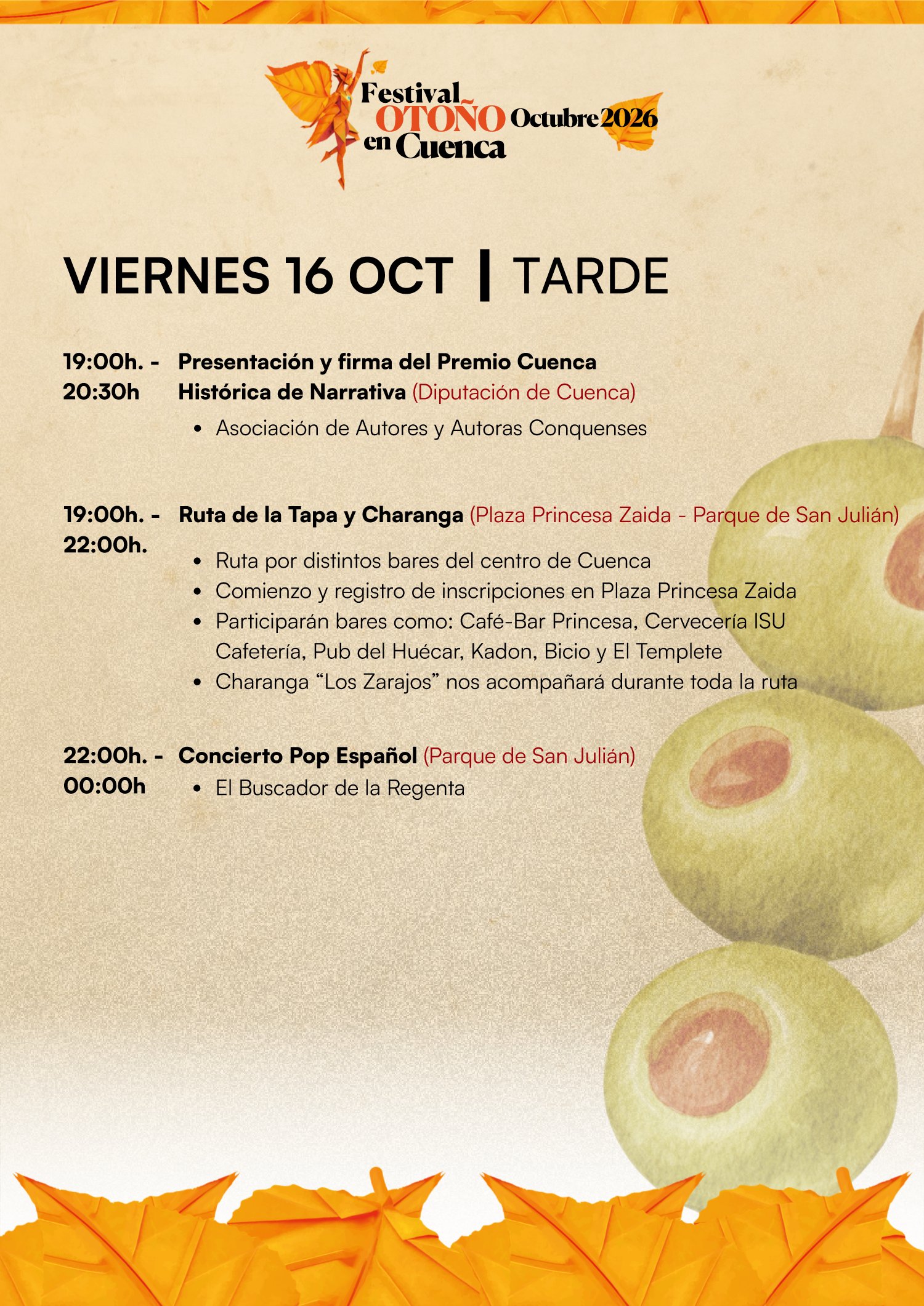 Programa del Festival Otoño en Cuenca 2026, viernes 16 de octubre: Premio Cuenca Histórica de Narrativa, Ruta de la Tapa con charanga y concierto de El Buscador de la Regenta