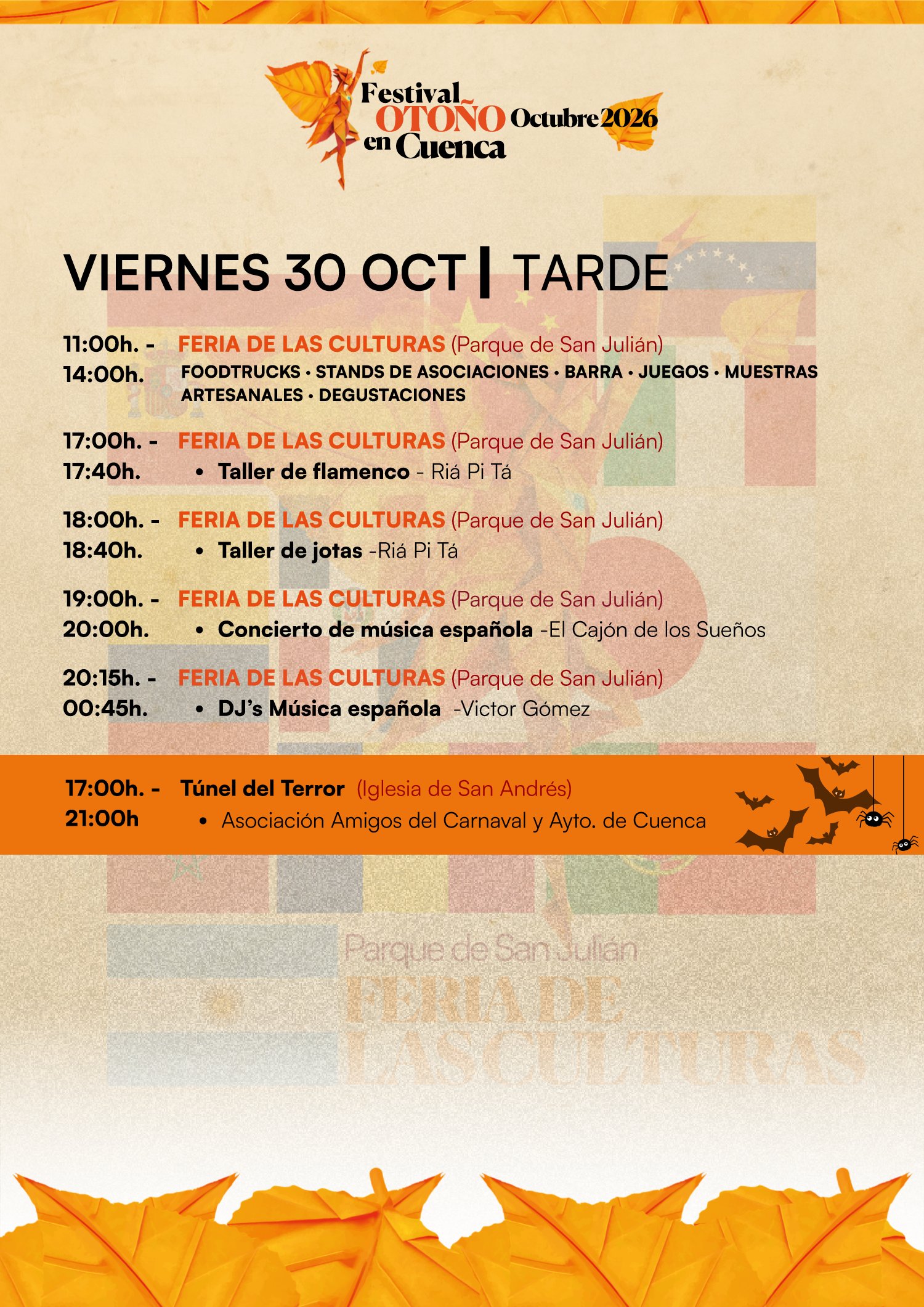 Programa del Festival Otoño en Cuenca 2026, viernes 30 de octubre: Feria de las Culturas, talleres de flamenco y jotas, concierto y Túnel del Terror