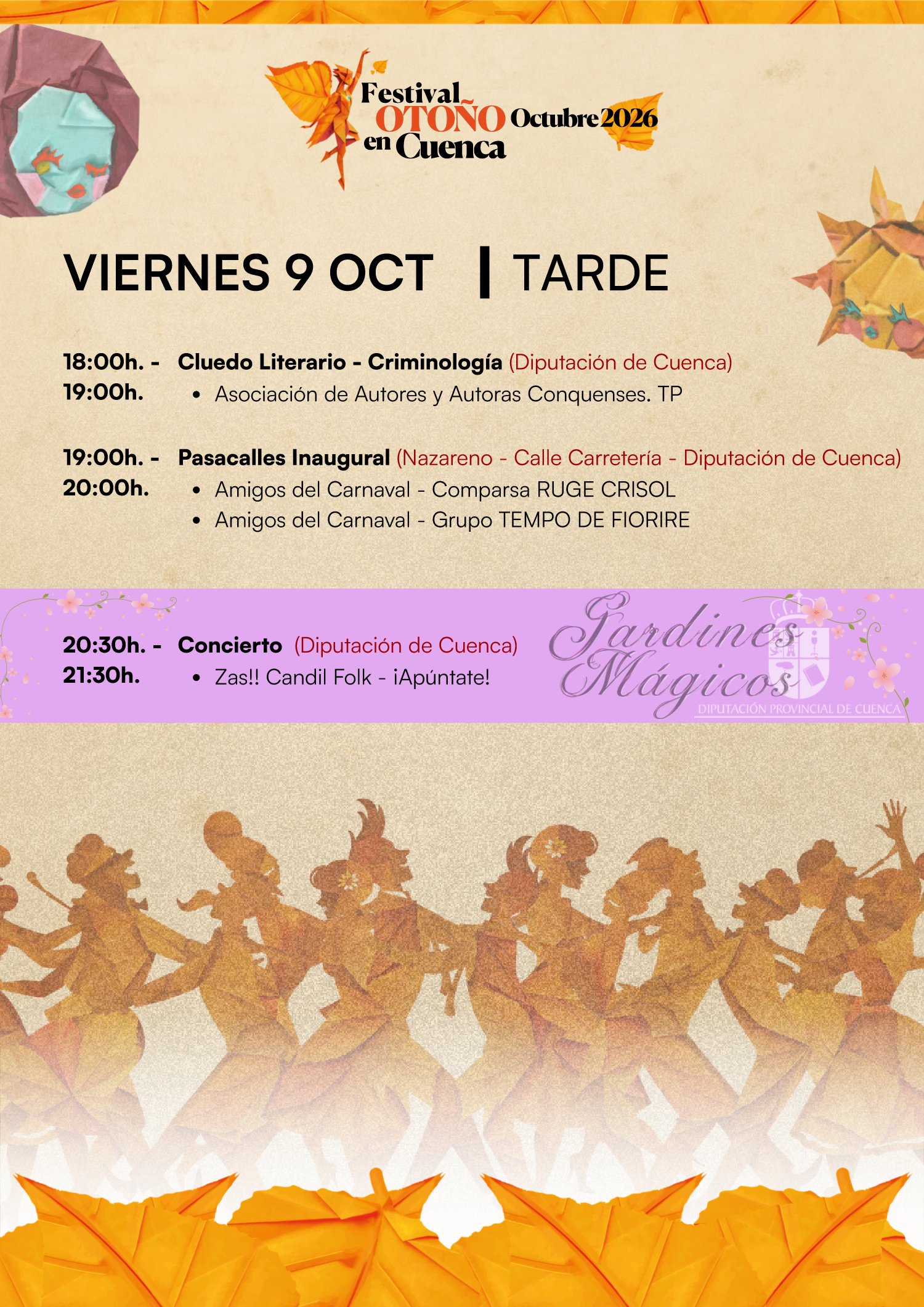 Programa del Festival Otoño en Cuenca 2026, viernes 9 de octubre: cluedo literario, pasacalles inaugural y concierto de Zas!! Candil Folk