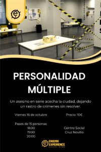 Cartel del escape room «Personalidad múltiple» en el Festival de Teatro de Motilla del Palancar