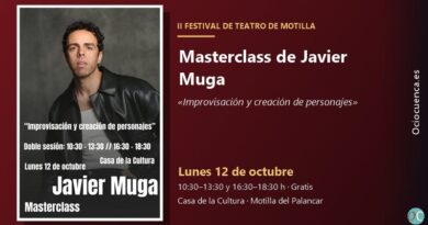 Javier Muga enseña a improvisar y crear personajes en una masterclass gratuita en Motilla del Palancar Cartel de la masterclass de Javier Muga en el Festival de Teatro de Motilla del Palancar