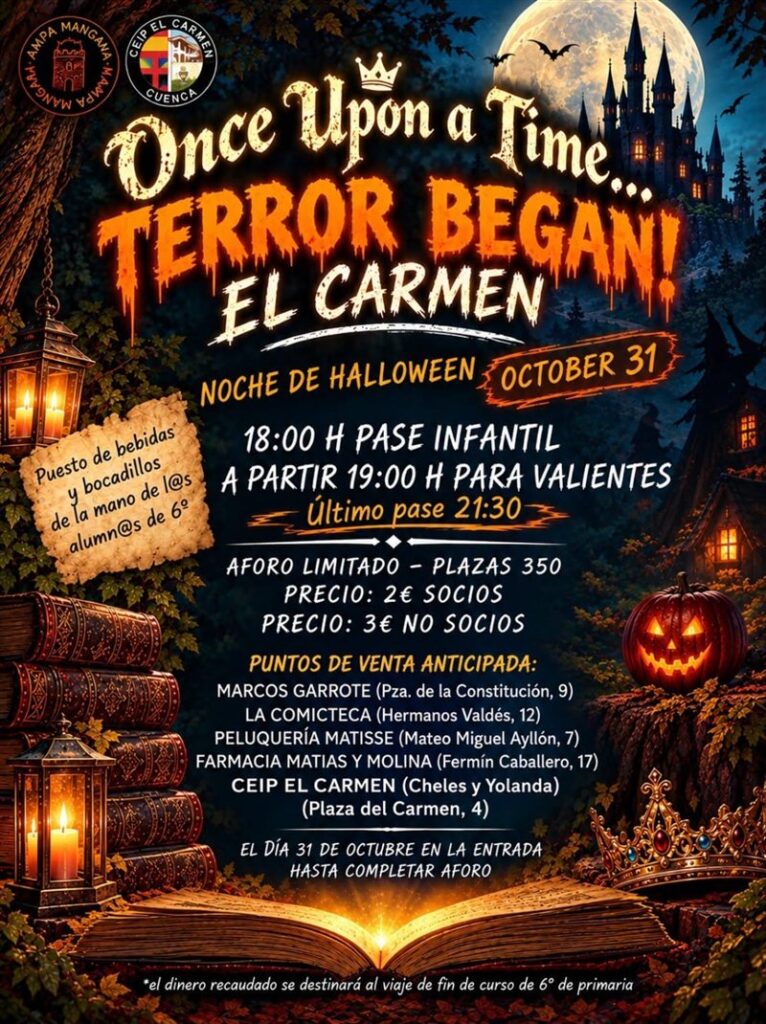 Cartel del pasaje del terror de Halloween del CEIP El Carmen y el AMPA Mangana en Cuenca, el 31 de octubre