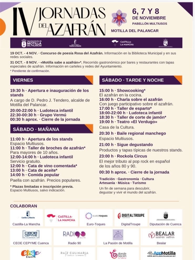 Programa del viernes y el sábado de las IV Jornadas del Azafrán de Motilla del Palancar