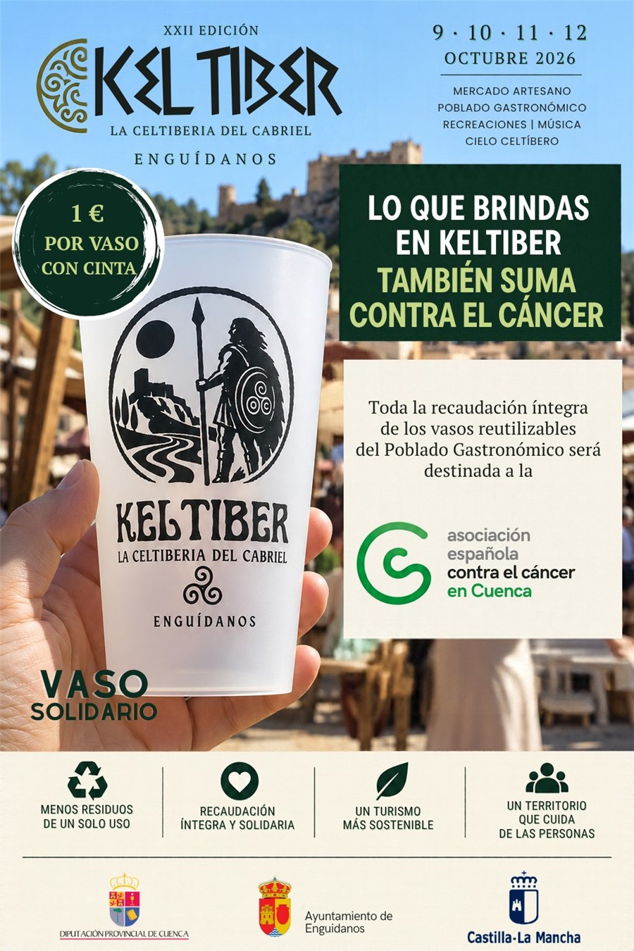 Cartel del vaso solidario de Keltiber 2026, cuya recaudación se destina a la AECC en Cuenca